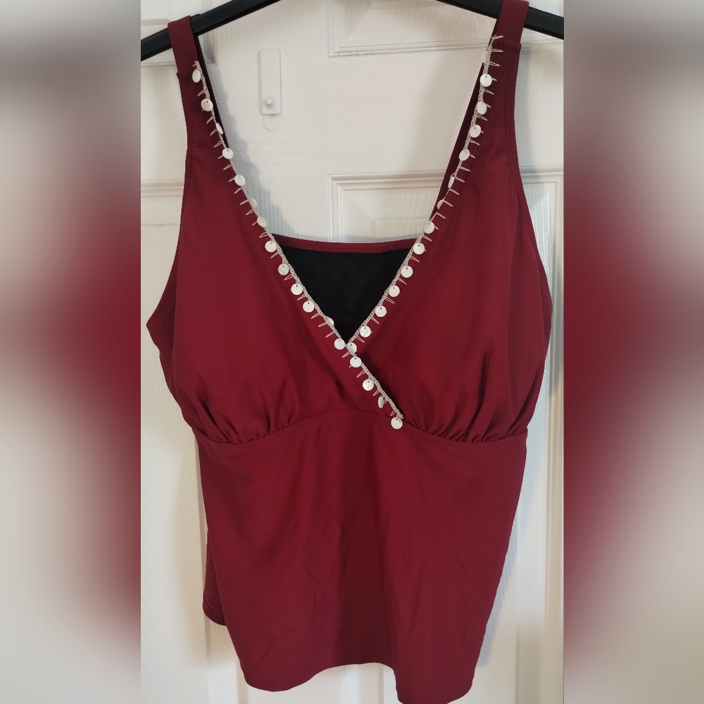 Plus Size Burgundy Swim Top With Shell Like Detailing Around Neckline